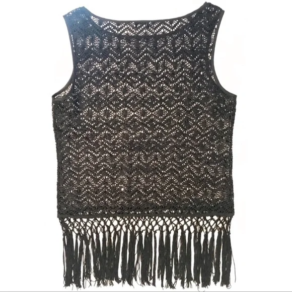 Cache Black Top Boho Fringe Crochet Tank Sequins - Picture 3 of 5
